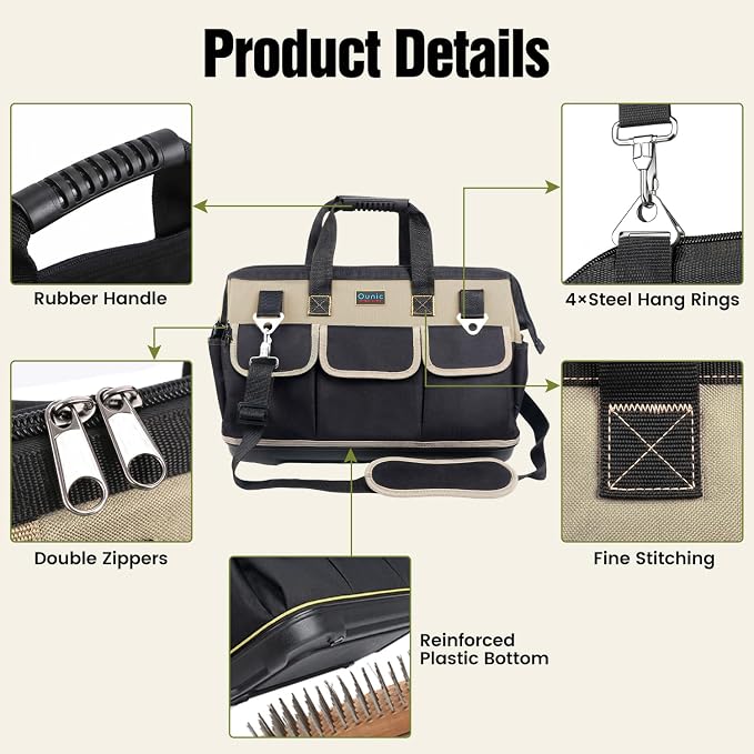 Tool Bag, Ounic 18 Inch Large Tool Tote Bag Heavy Duty With Waterproof Molded Base, Wide Mouth Tool Box Organizer with Adjustable Shoulder Strap for Electrician Mechanic Craftsman Plumbers(Coffee)