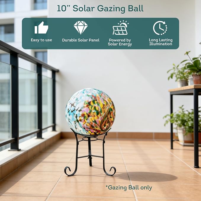 Lily's Home Gazing Ball - 10" Glass Globe with Solar Powered Lights - Outdoor Solar Lights for Yard & Patio - Garden Decor - Automatic On/Off Photosensitive Switch - Turquoise
