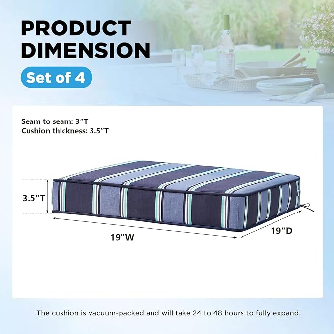 19 x 19 Inch Outdoor Chair Cushions with Tie Straps, Set of 4 Thick Water Repellent Square Patio Chair Pads for Garden Lawn Patio Furniture, Navy Blue Stripe