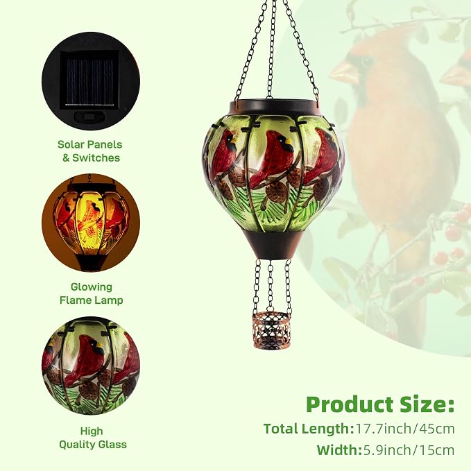 Cardinal Solar Hot Air Balloon Lantern with Flame, Glass Balloon Solar Lantern Outdoor Waterproof, Hanging Hot Air Balloon Solar Light, Cardinal Gifts for Mom Woman Christmas