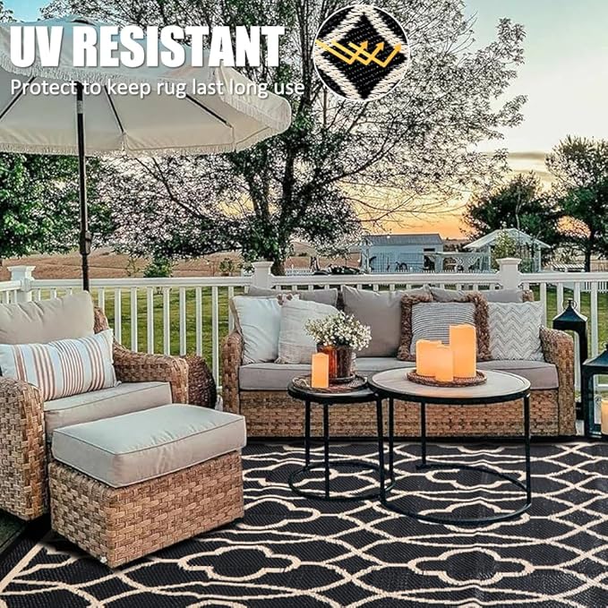 Pendolr 5’x8’ Outdoor Rug Waterproof Carpet Patio Rug Outdoor Plastic Straw Rugs Camping Rug Reversible Outside Outdoor Area Rug for Balcony Deck Backyard RV Picnic Beach Black&Beige 01#