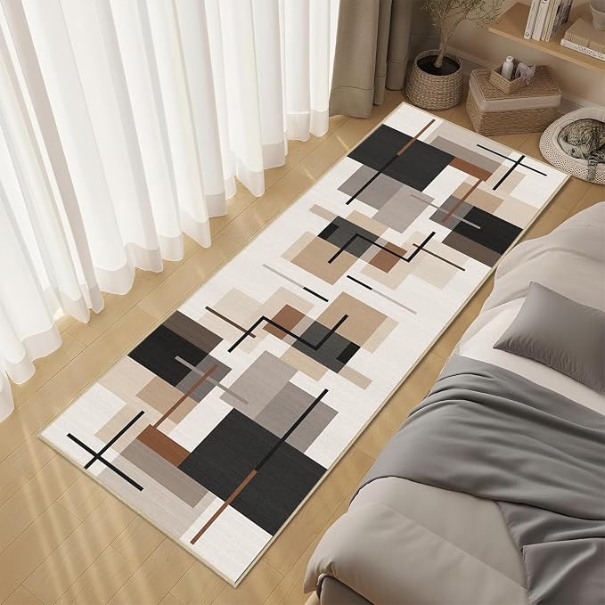 Geometric Runner Rug 2x6 for Hallway Neutral Abstract Mid Century Modern Rug Soft Washable Rugs Non Slip Low Pile Carpet for Kitchen Entryway Laundry Room Bedroom,Beige Brown Black