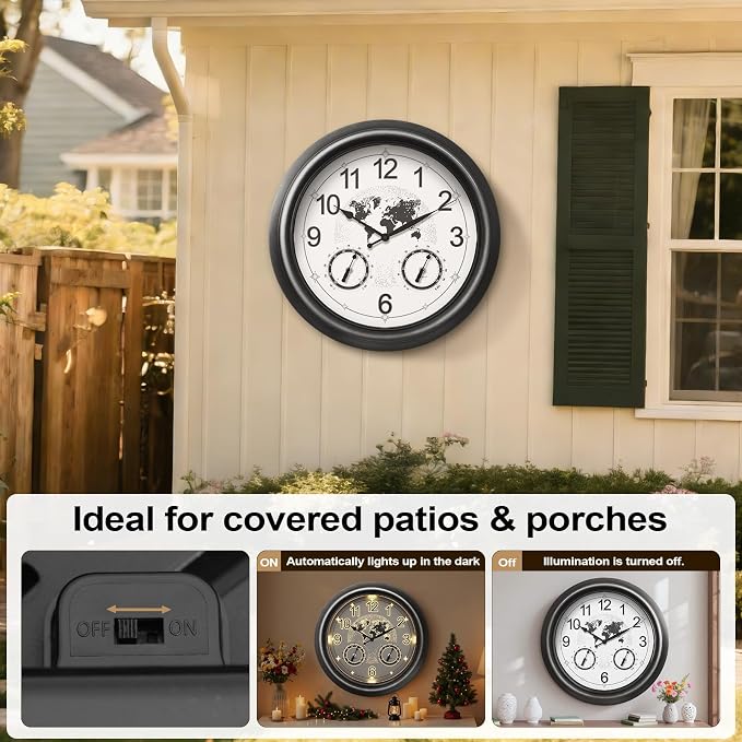 Pytha Sight Illuminated Large Indoor Outdoor Clocks Waterproof 18 Inch with Smart Night Light Sensor,Star World Map Design with Thermometer & Hygrometer for Patio, Pool, Garden,Housewarming Gift