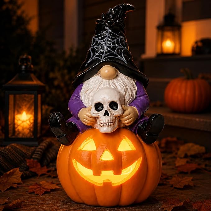 Solar Halloween Gnome Statue Outdoor Decor Lighted Pumpkin Garden Figurine | Halloween Yard Decoration for Patio Lawn Entryway Solar Gnome Statue Outdoor Decor Lighted Pumpkin Skull Garden Figurine