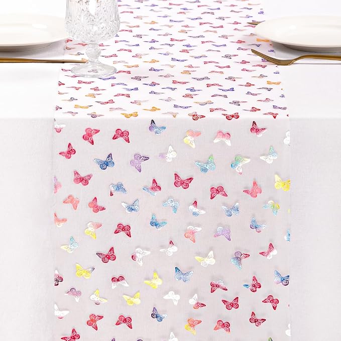 Socomi Butterfly Spring Table Runner Gauze Easter Seasonal Holiday Dining Table Decoration for Indoor Outdoor Home Party Decor 72 inch 1pc