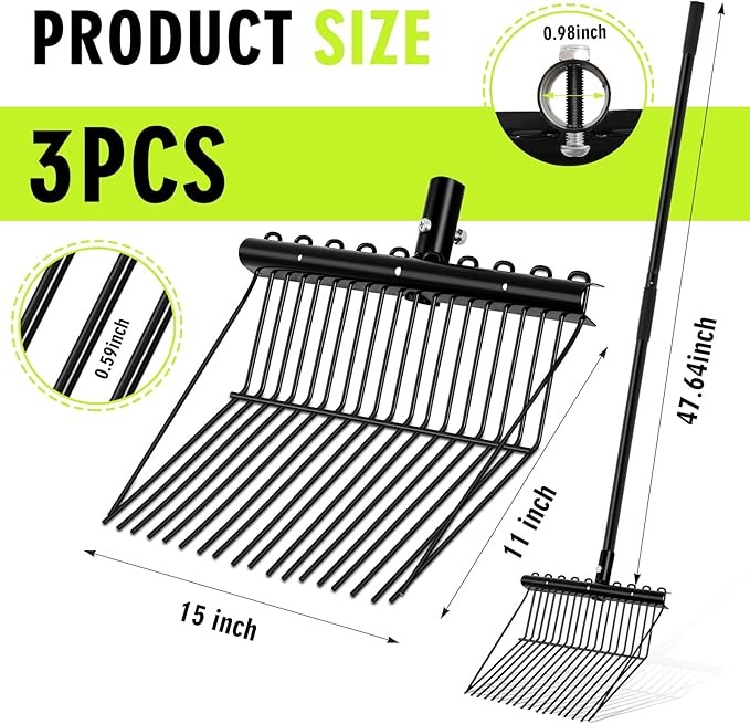 Lasnten 3 Sets Manure Fork with Long Handle, All Metal Head & Handle, Pitch Fork Manure Rake Heavy Duty Dustproof Muck Rake for Gardening Horse Stable Grass Hay Cleaning Farm Work(Black)
