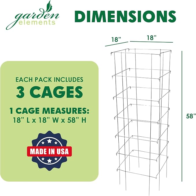 Garden Elements Square Tomato Cage, 58 Inch (Pack of 3) – Heavy Duty Galvanized Steel Plant Support, Collapsible Garden Trellis with 8-Leg Stability for Climbing Vegetables & Vines