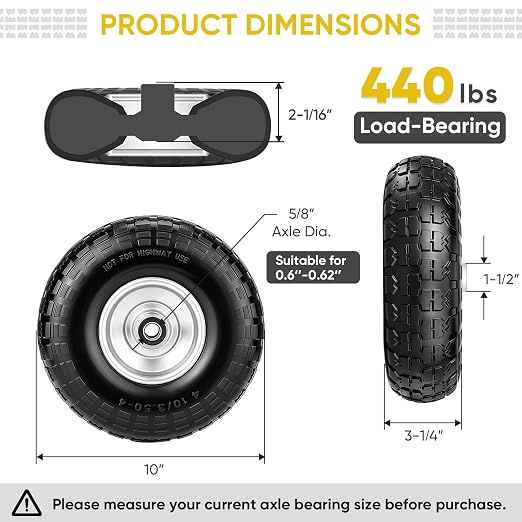 TICONN 10" Solid Tires, 2 Pack Flat Free 4.10/3.50-4'' Wheels with 5/8” Axle Bore Hole and Double Sealed Bearings (Silver, 2PK)
