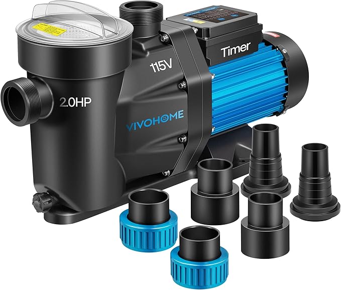 VIVOHOME Self Primming in/Above Ground Swimming Pool Pump w 1.25'' & 1.5" & 2.0'' Unions Energy Saving w/Strainer Baske, 7140 GPH