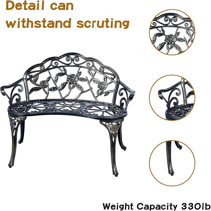 YKSY&YKSY Patio Garden Bench Metal Park Bench Cast Aluminum Outdoor Furniture with Floral Rose for Patio,Park,Lawn,Yard (Copper)