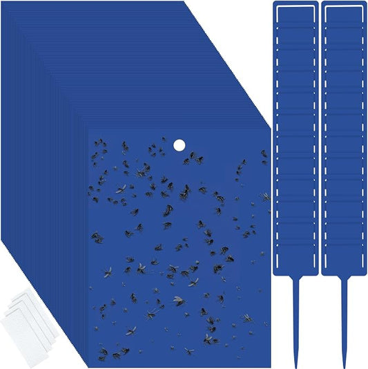 Qualirey 50 Pcs Blue Sticky Traps for Gnats, 6 x 8 Inch Dual Sided Gnat Traps for Indoor Outdoor Plants, Fungus Gnat Sticky Cards for Fruit Flies Whiteflies Thrips, Twist Ties and Plastic Holders