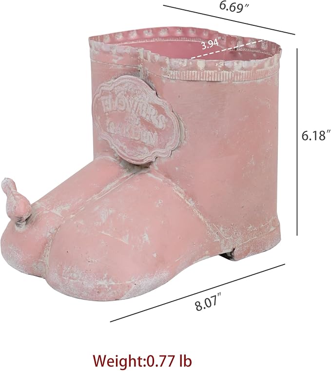Vintage Distressed Boot Planter, Rustic Flowers & Garden Metal Rain Boot Plant Pot, Farmhouse Succulent Herb Planter for Indoor Outdoor Home Garden Patio Decor (Pink - Small)