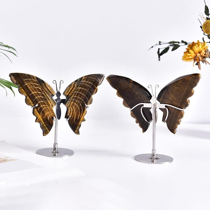 JIC Gem Natural Tiger Eye Stone Crystal Butterfly Art Wings Healing Crystal Carving Ornament with Display Stand Decoration Reiki(1pair, 10cm)