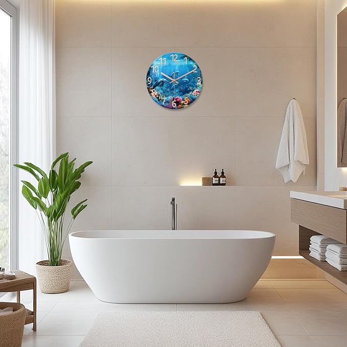XFM Large Blue Ocean Wall Clock 20 Inch Nautical Themed Dolphin | Battery Operated Tropical Modern Coastal Glass Decorative for Living Room Bedroom Bathrom Office Non Ticking
