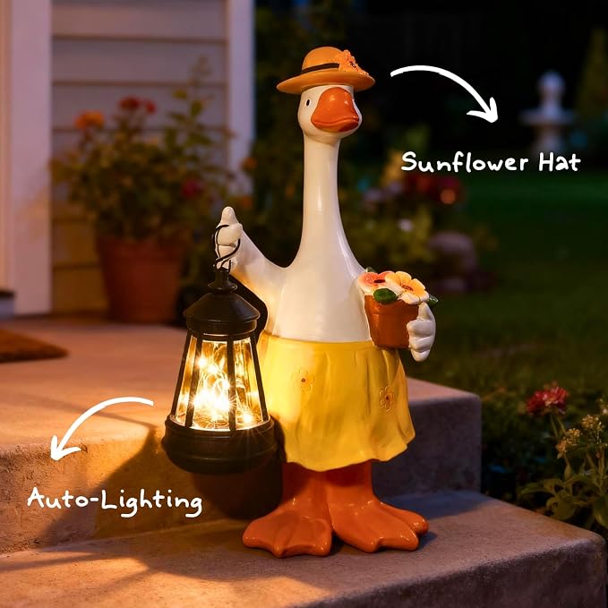 Goose Garden Statues Porch Goose Statues with Solar Lantern Summer Yard Lawn Front Porch Home Outdoor Decoration Duck Mother's Day Christmas Birthday Gifts for Mom Women