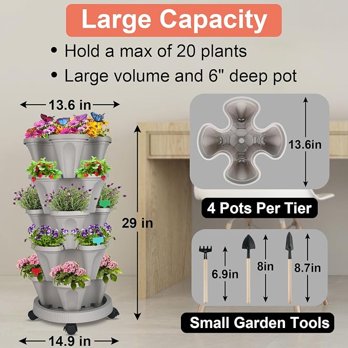 DUNCHATY Stackable Planter, Vertical Garden Planter with Wheels and Tools, Self Watering Strawberry Planter Indoor/Outdoor 3 Tier Herb Planter Pots for Growing Vegetables and Succulents,Gray