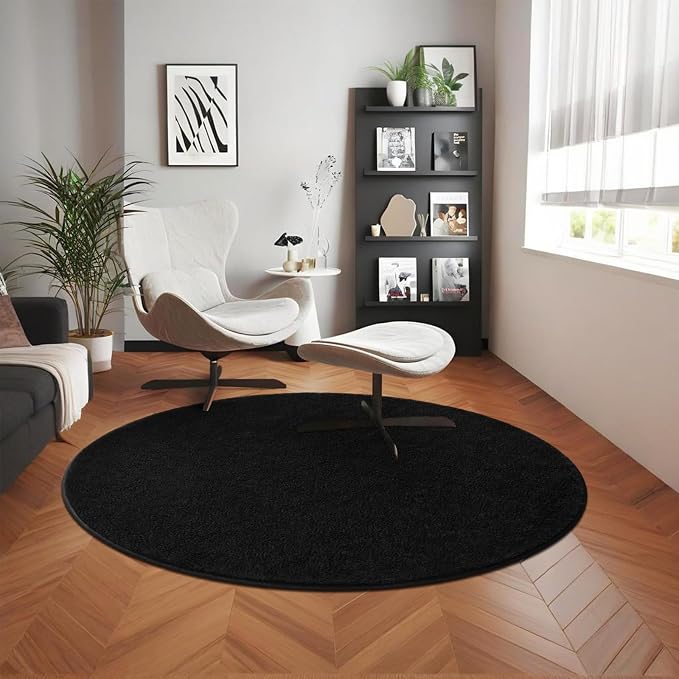 4' Black Round Area Rug Modern Solid | Washable Memory Foam, Low Pile Non Slip Indoor Carpet for Living Room Bedroom Office Classroom College Dorm Room Home Decor