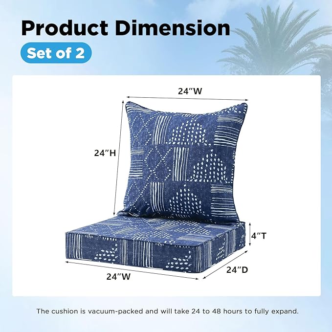 Outdoor Deep Seat & Back Cushion Set (2-Pack), 24 x 24 Inch Water Repellent and Fade Resistant Patio Furniture with Removable Cover for Outside Sofa Couch, Cobalt Grid