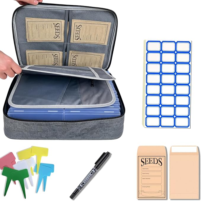 Seed Storage Organizer Kit, Seed Packet Organizer, Gray | Moisture-proof, Come with Clear Storage Organizer Boxes, envelopes, Labels, Portable gift for Gardeners, Hobbyists