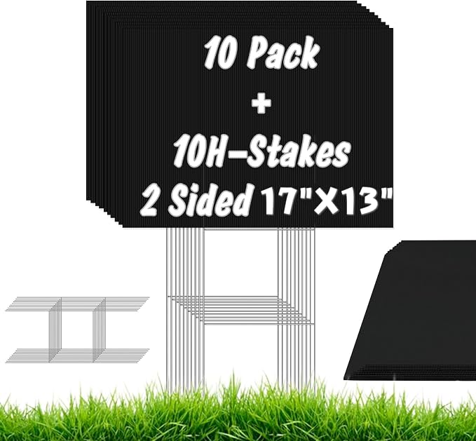 10 Pack Black Blank Yard Signs with Stakes, IKAYAS 17x 13 Inches Black Garden Yard Signs Yard Sale Signs Corrugated Plastic Signs for Party Decorations,Garage Sale, Guidepost, Open House