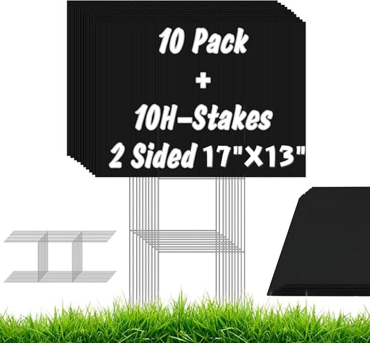 10 Pack Black Blank Yard Signs with Stakes, IKAYAS 17x 13 Inches Black Garden Yard Signs Yard Sale Signs Corrugated Plastic Signs for Party Decorations,Garage Sale, Guidepost, Open House