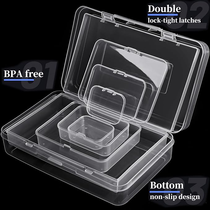 28 Pack Mixed Sizes Rectangular Mini Plastic Containers Clear Plastic Storage Boxes with Hinged Lids and Labels Empty Beads Organizers for Small Items Art Craft Jewelry Projects