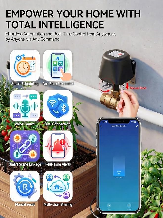 Smart WiFi Water Valve, Brass Motorized Ball Valve with Timer & App Remote Control, Alexa/Google Home Compatible, Ideal for Garden Sprinkler, Pool Filling, Greenhouse & Hydroponics, 1" NPT