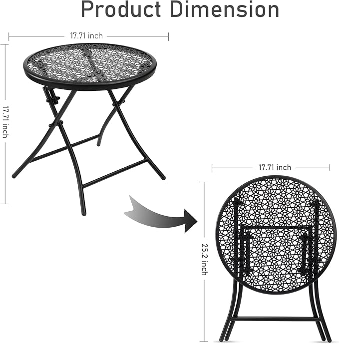 TeoKJ Folding Outdoor Side Tables, Anti Rust Small Patio Table Round Metal Nightstand with Flower Cutouts for Porch Yard Balcony Deck Lawn, Set of 2, Black