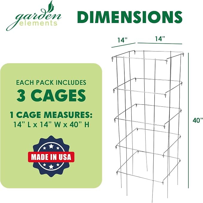 Garden Elements Square Tomato Cage, 40 Inch (Pack of 3) – Heavy Duty Galvanized Steel Plant Support, Collapsible Garden Trellis with 8-Leg Stability for Climbing Vegetables & Vines