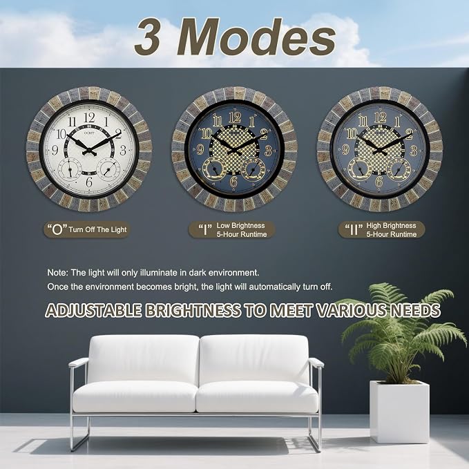 OCEST 18inch Large Indoor Outdoor Clock Illuminated Wall Clock with Thermometer Hygrometer & Night Light Waterproof Battery Operated Silent Non-Ticking Wall Clocks Decor for Patio Pool Porch Bathroom