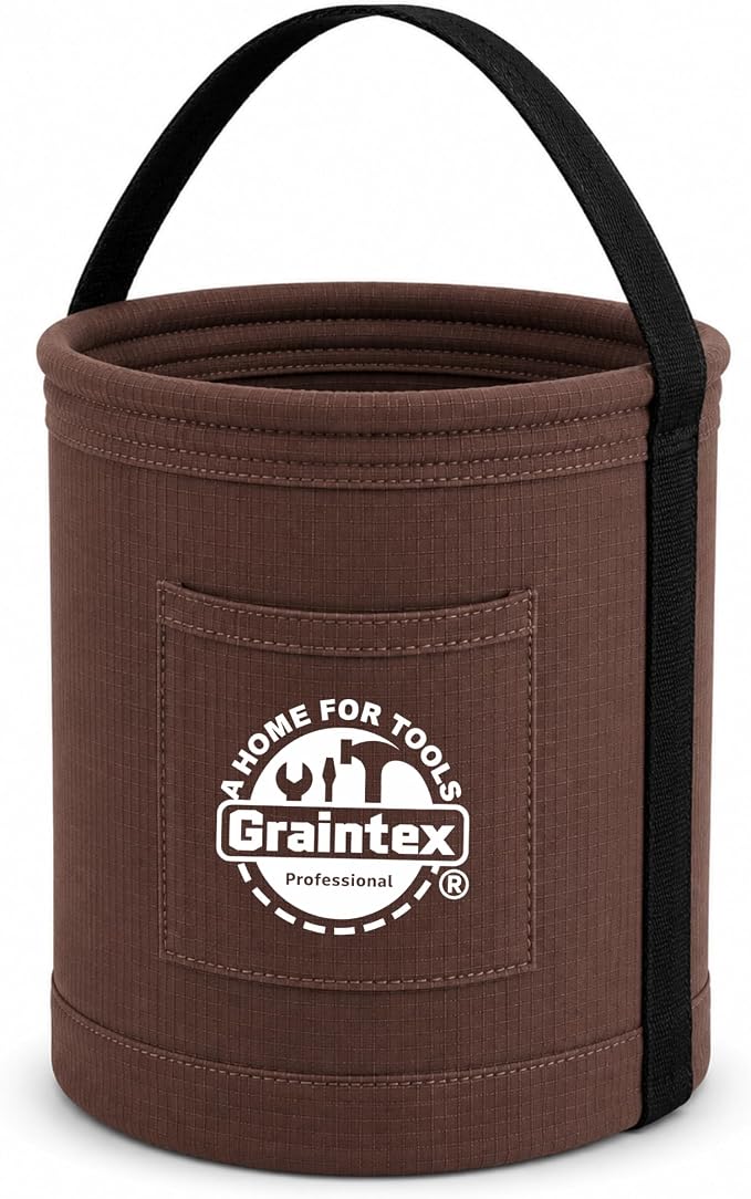 Graintex Canvas Utility Bucket 12"x15", Round Tool Bucket, Reinforced Base & Carry Handle, Ripstop Canvas, Multi-Purpose Bag for Jobsite, Home Use - Coffee Brown