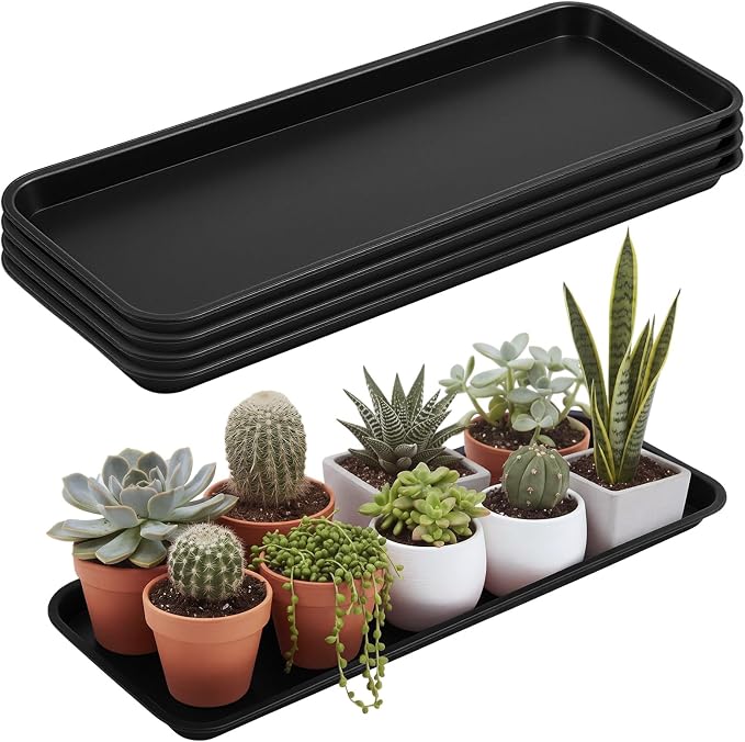 Cinnvoice 4 Pack Black 24 x 8.2 x 0.8 Inch Rectangle Plant Saucer Large Plastic Plant Tray Water Drip Trays for Windowsill Flower Pot Planter Drainage Germination Garden Outdoor Indoor Use