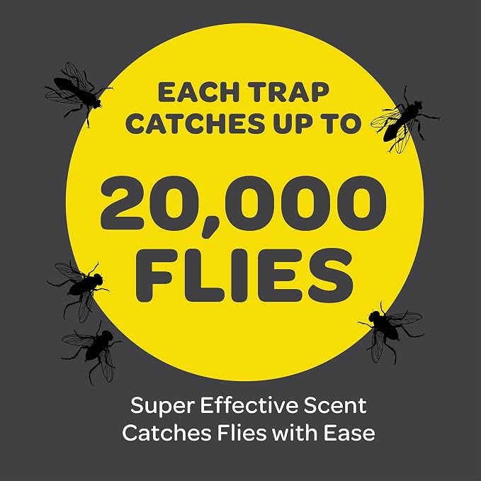 Outdoor Fly Trap [4 Pack] Fly Traps Outdoor with Dissolvable Non-Toxic Bait - Fly Repellent for Outdoor Use Only - Controls Flies for Patios, Barns, Ranches Etc. Hanging Fly Traps with Tie Included