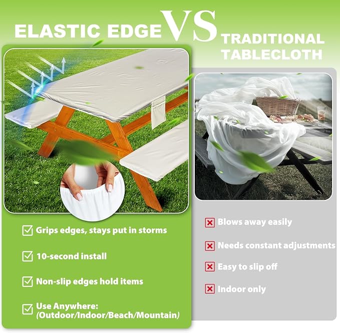 Wrakus Picnic Table Cover with Bench Covers Vinyl Elastic Edges Fitted Rectangle Seat Tables Waterproof 3-Piece72X30in Set Outdoor Rectangular Folding Backing Tablecloth for Camping Over Size