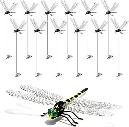 12 Pack 3D Dragonfly Clips, Fake Dragonflies with Stakes, Realistic Plastic Dragonfly Garden Decorations, Fly Deterrent Clips for Hats, Pets, Horses, Deer, Yard, Patio, Indoor & Outdoor Decor