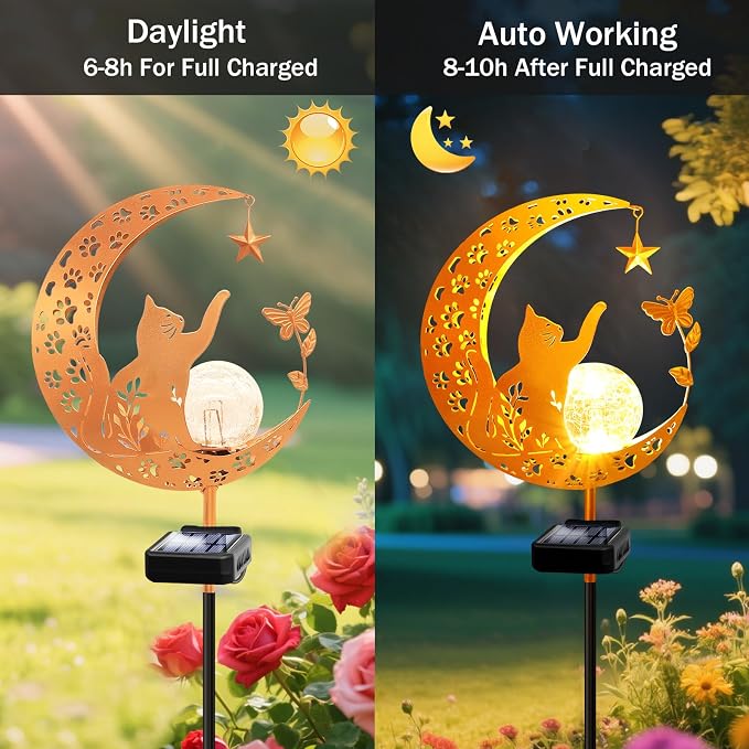 Solar Garden Lights Waterproof, Gift for Women Mom Grandma Wife Daughter, Cat Pathway Stake Lights, Glass Globe with Moon Cat Decor, Outdoor Decor Lights for Walkway Yard Lawn Patio Courtyard Garden