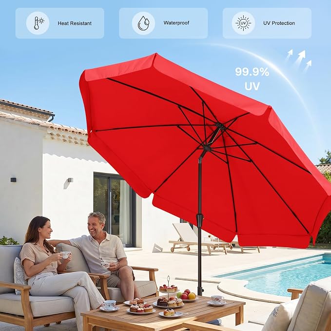 ABCCANOPY 10ft Scalloped Patio Umbrella, Outdoor Table Umbrella with Tilt and Crank, Fiberglass Ribs Deck Umbrella for Patio, Pool, Garden, Picnic (Bright Red)