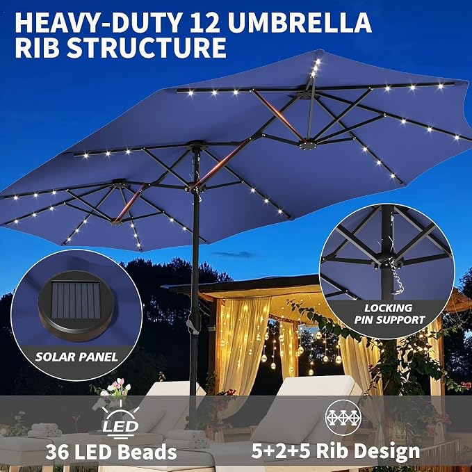 DomeShade 15 Ft Patio Umbrella with Solar Lights,Base Included,Sun Shades Outdoor Patio Parasol,Large Table Outdoor Umbrella,36 LED Lights,Awnings for Outside,Backyard Umbrella,Navy Blue