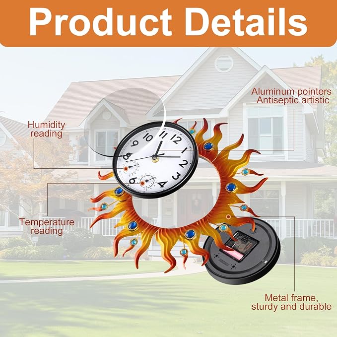 Outdoor Clock Thermometer Combo, Sun Outdoor Wall Clock, Silent Non-Ticking Outdoor Clocks Waterproof for Patio, Garden