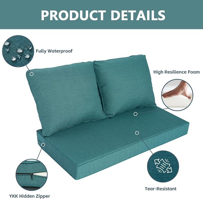 Goodgoods 48 x 24 Outdoor Loveseat Cushion Set, 1000+Hours Fade-Resistant & Water-Resistant Outdoor Furniture Chair Cushions with 35D High-Resilience Foam for Couch, Bench, and Swing, Malachite