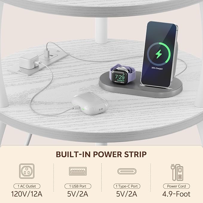 Round Side Table with Charging Station, USB Type C Port, White | Small Table with Storage Basket,Tall Side Table for Sofa,Small Spaces, Nightstand for Living Room Bedroom, 15.75in