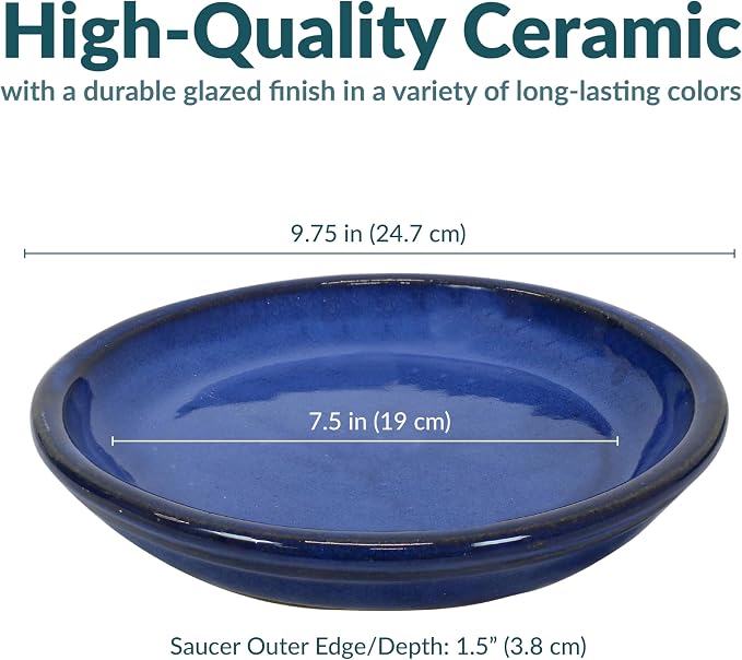 Sunnydaze 7-Inch Ceramic Plant Saucers - Plant Drip Trays for Outdoor Planter Flowerpot Drainage - Set of 4 - Imperial Blue