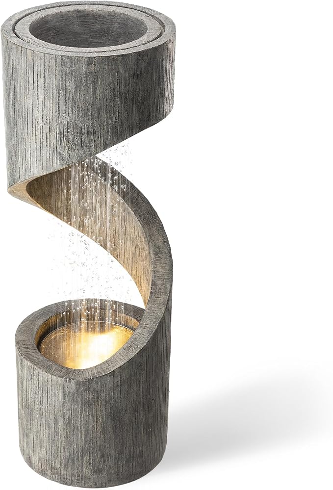 Glitzhome Outdoor Fountain with LED Light, Oversized Spiral Water Fountain Outdoor with Stone Planter, Modern Curved Waterfall Fountains Water Feature for Garden Patio, 40”H