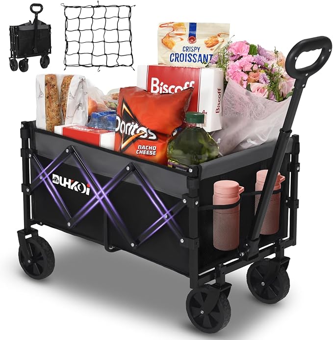Collapsible Wagon Cart with Wheels Foldable,11 Lbs Lightweight Portable Folding Utility Wagon,90 L Heavy Duty Grocery Shopping Carts,Versatile for Garden Sports Camping Outdoor Use (Black Gray)