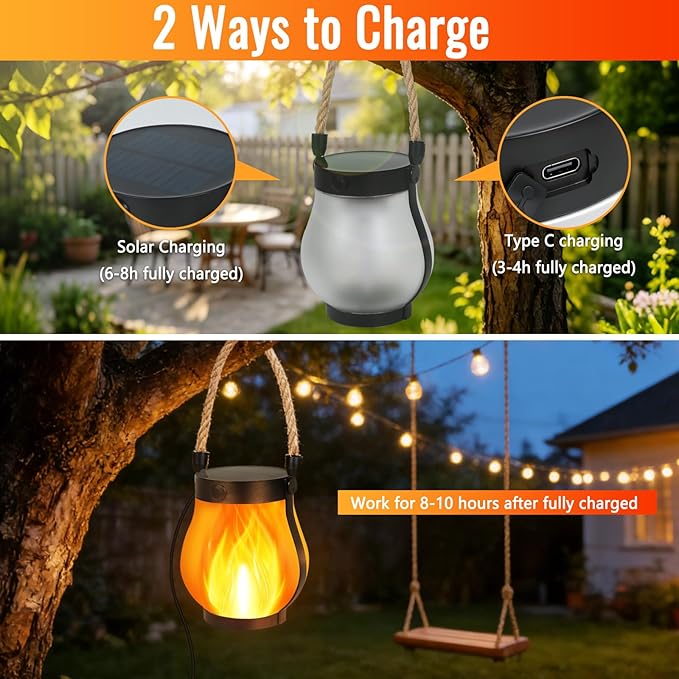 Upgraded 2 Pack Solar Lanterns, Solar Lights Outdoor, Solar Flame Lanterns, 2 Lighting Modes & Dual Charging Way USB & Solar Powered, Solar Lanterns Outdoor Waterproof for Patio Yard Porch Lawn Decor