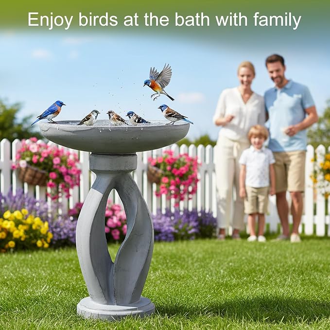 SKYFIRE 21.85 Inch Tall Pedestal Bird Bath, Fibre Reinforced Concrete Birdbath with Twisted Base, Weather Resistant & Durable Bird Bath for Garden Patio Lawn Backyard, Gray