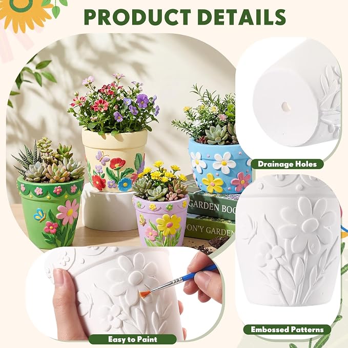 Zubebe 12 Pcs Paint Your Own Ceramic Pots Bulk Unfinished Succulent Pots Craft Kit with Drainage Hole Mini Paintable Plant Vase Ready to Paint Planter for Cactus DIY Craft (Spring Flowers)