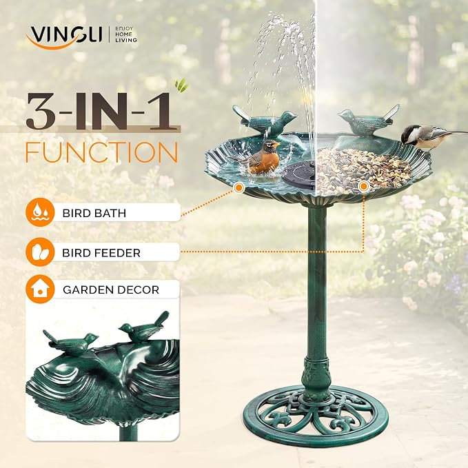 VINGLI Pedestal Bird Bath with Solar Fountain, Solar Pump Resin Birdbaths, Weather Resistant Bird Baths with Ground Stakes, Vintage Finish Garden Decor for Outdoor, Patio, Yard, Lawn(Green Shell)