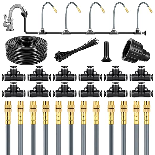 49.2Ft 1/4" Drip Irrigation System 360° Bendable Watering Misting System,Garden Watering Atomizing System with 12 Nozzles, Specially for 1/4 inch Irrigation Tubing(Include 49.2Ft 1/4" Tubing)