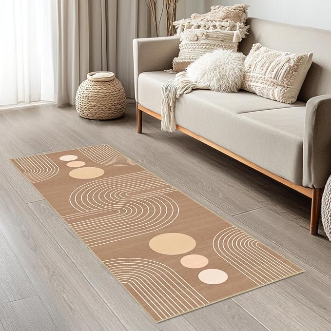 Boho Runner Rug 2x6 Modern Geometric Abstract Rug for Hallway Kitchen Bedroom Brown Mid Century Modern Runner Machine Washable Non-Slip Printed Low-Pile Long Floor Carpet for Bathroom Laundry Brown
